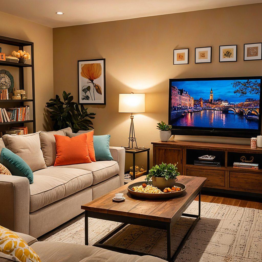 A living room with a cozy couch and a big flat-screen TV displaying thumbnails of various popular TV shows and web series, all streaming simultaneously. Popcorn and drinks on the coffee table, emphasizing binge-watching. The background shows a dimly lit ambiance to create a warm, inviting atmosphere. super-realistic. vibrant colors. warm lighting.